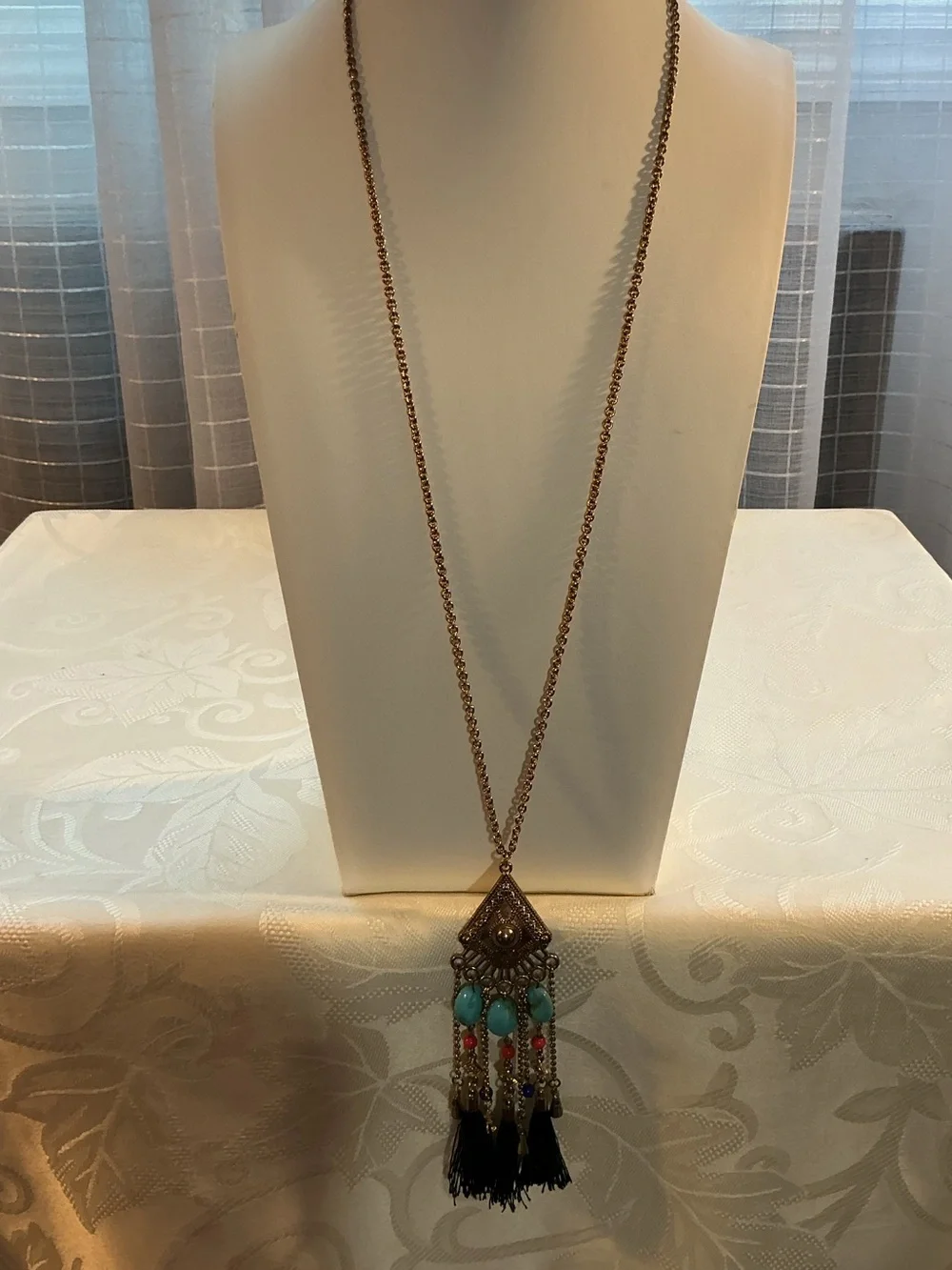 Chandelier Tassel Turquoise Color Coral Blue Bead Gold Tone Necklace